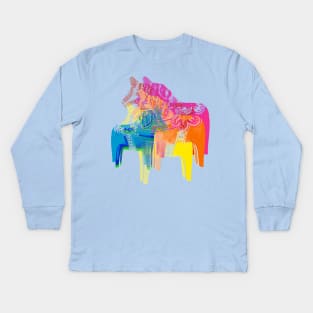 Dala horses screenprint - colorful swedish christmas design Kids Long Sleeve T-Shirt